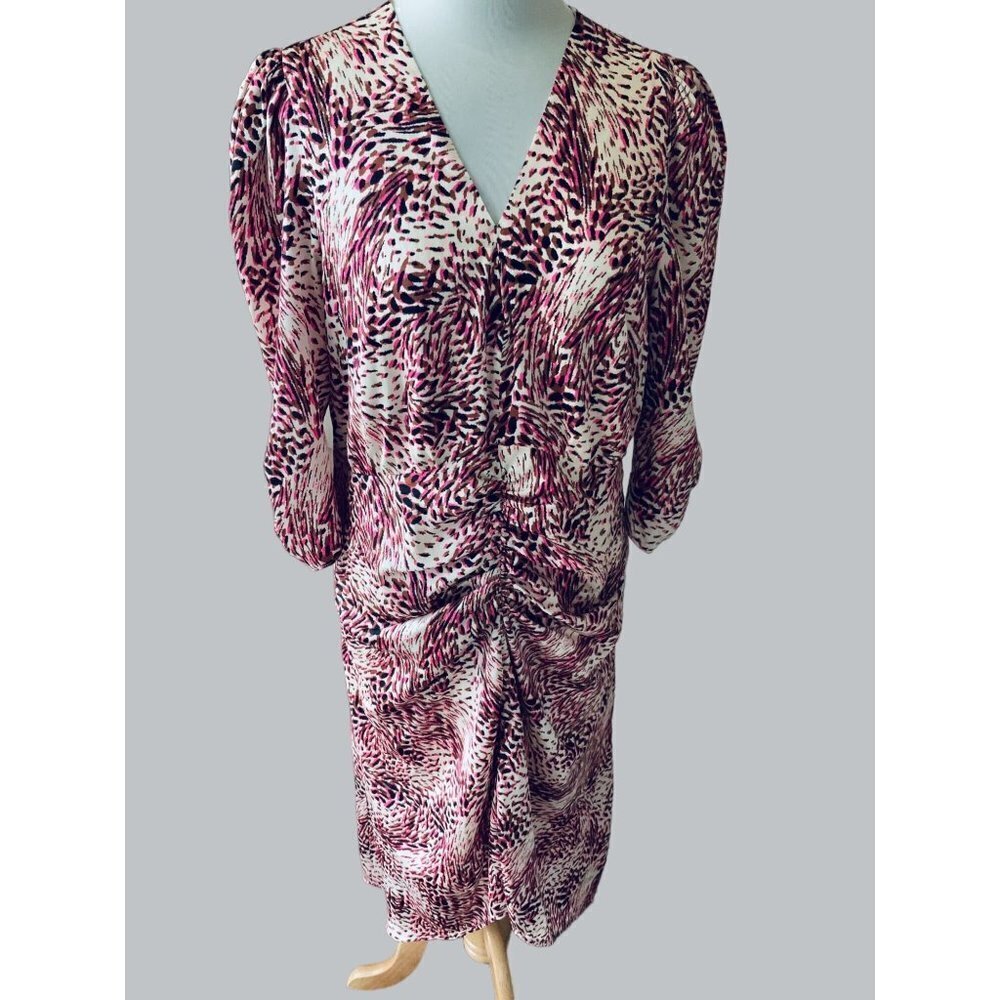 NEW EXPRESS ABSTRACT ANIMAL LEOPARD PRINT PUFF SLEEVE RUCHED HI-LO MIDI DRESS XL